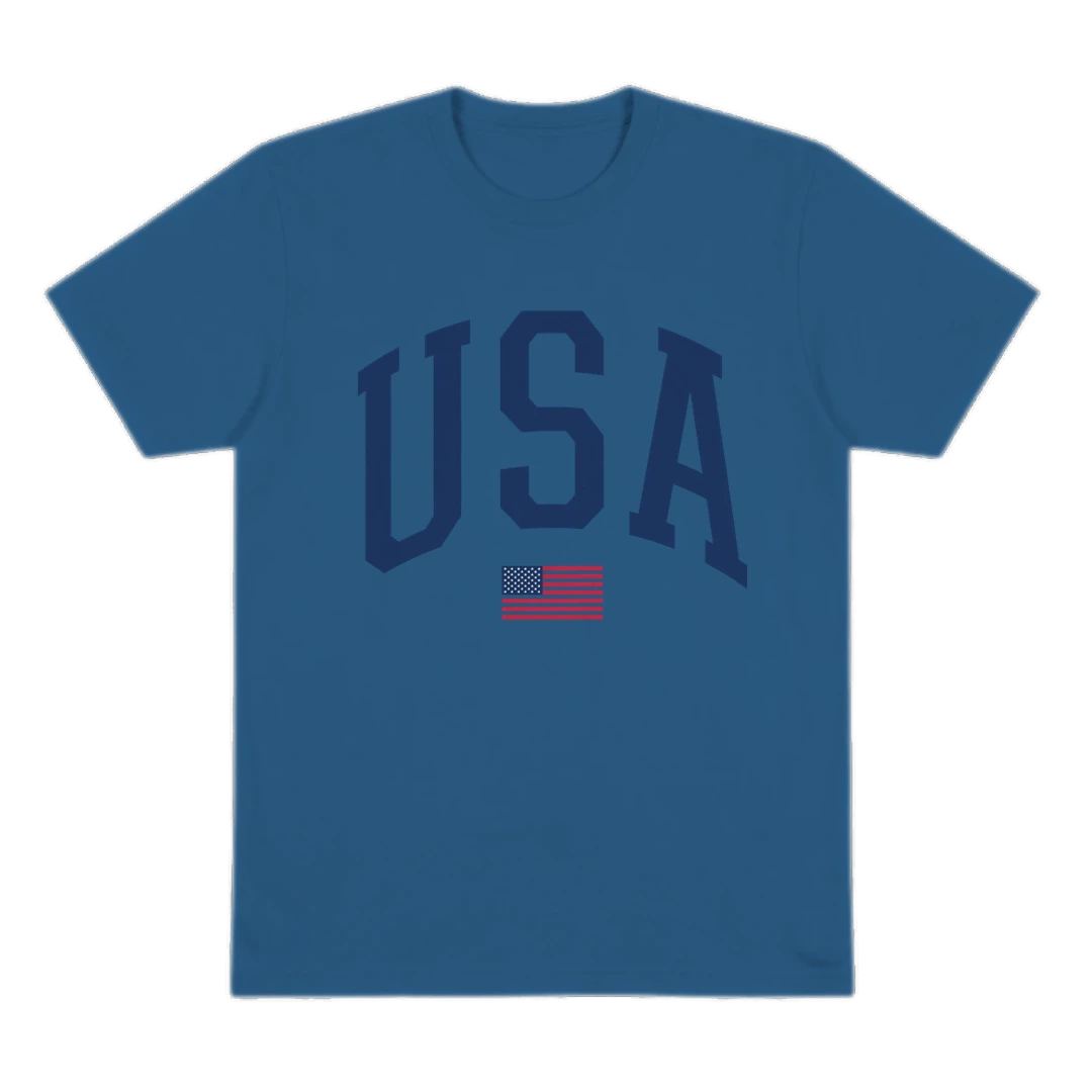 Blue t-shirt with 'USA' text on a white background