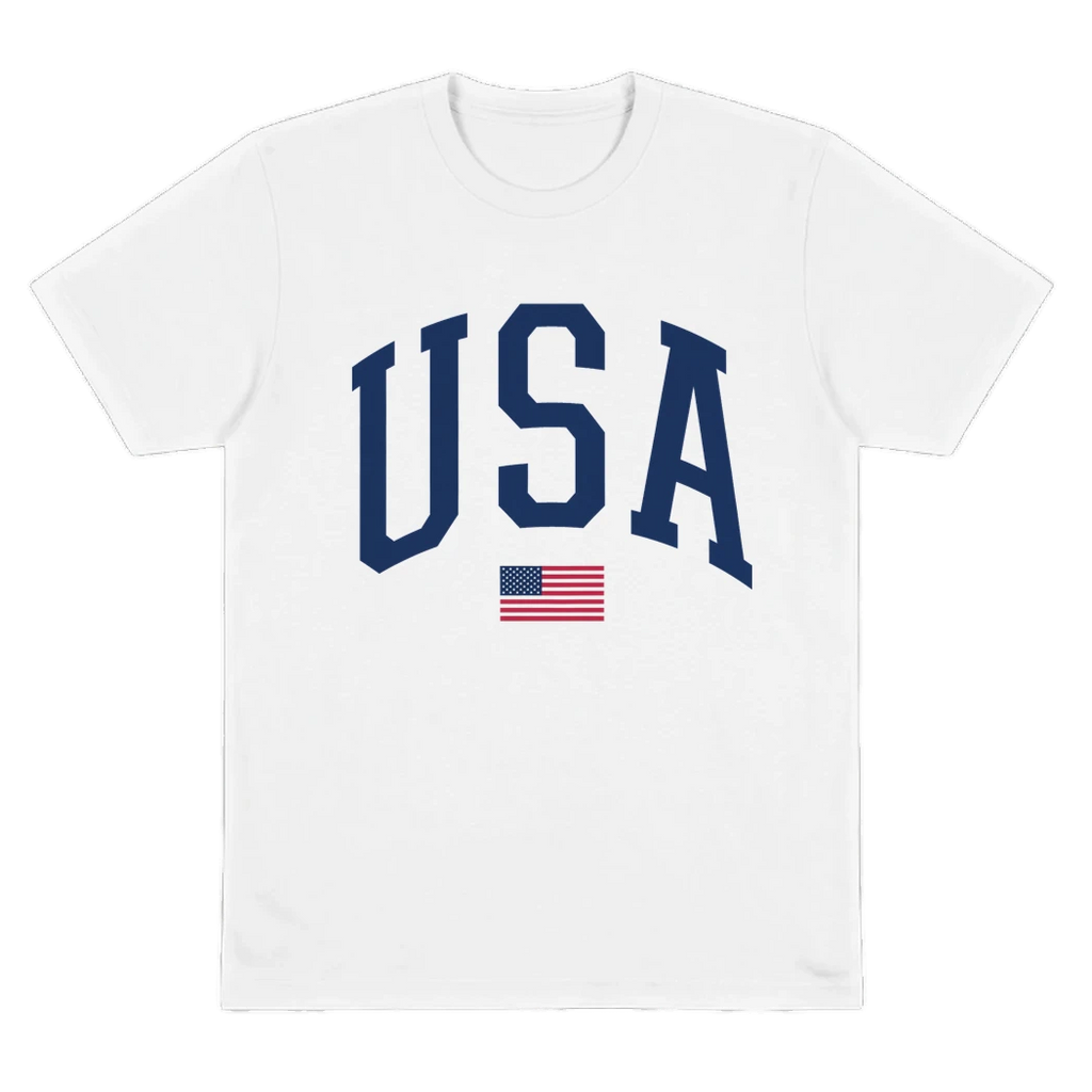 White t-shirt with 'USA' text and small flag on a white background