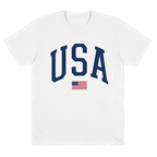 White t-shirt with 'USA' text and small flag on a white background