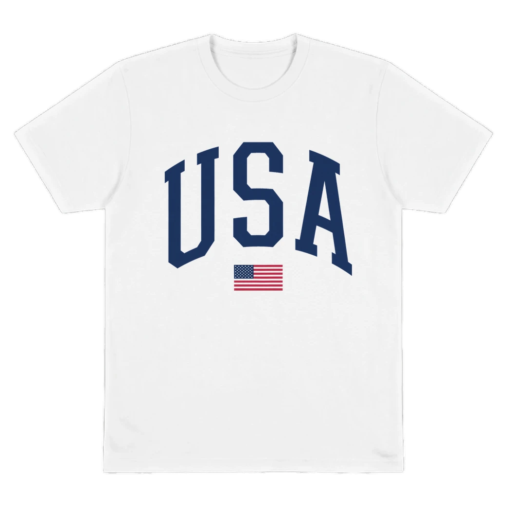 White t-shirt with 'USA' text and small flag on a white background