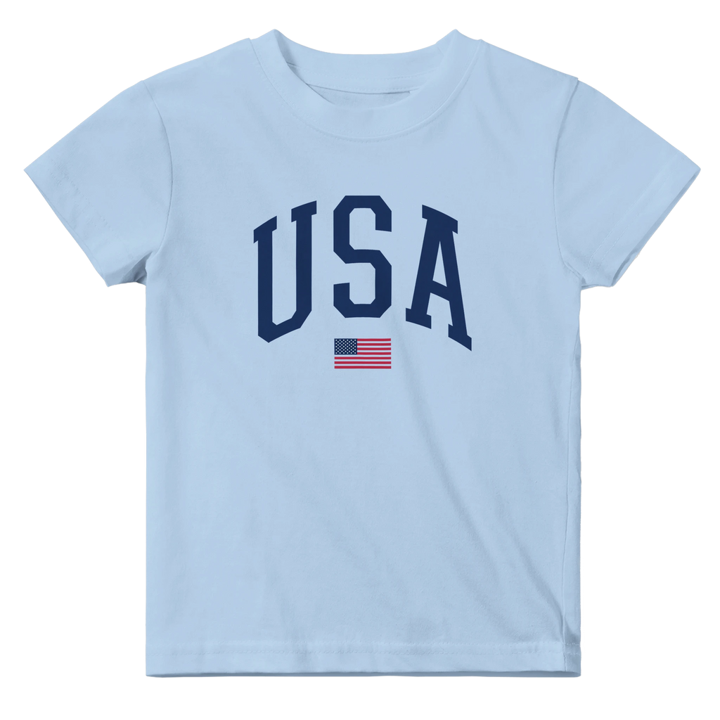 Light blue t-shirt with 'USA' text and American flag on a white background