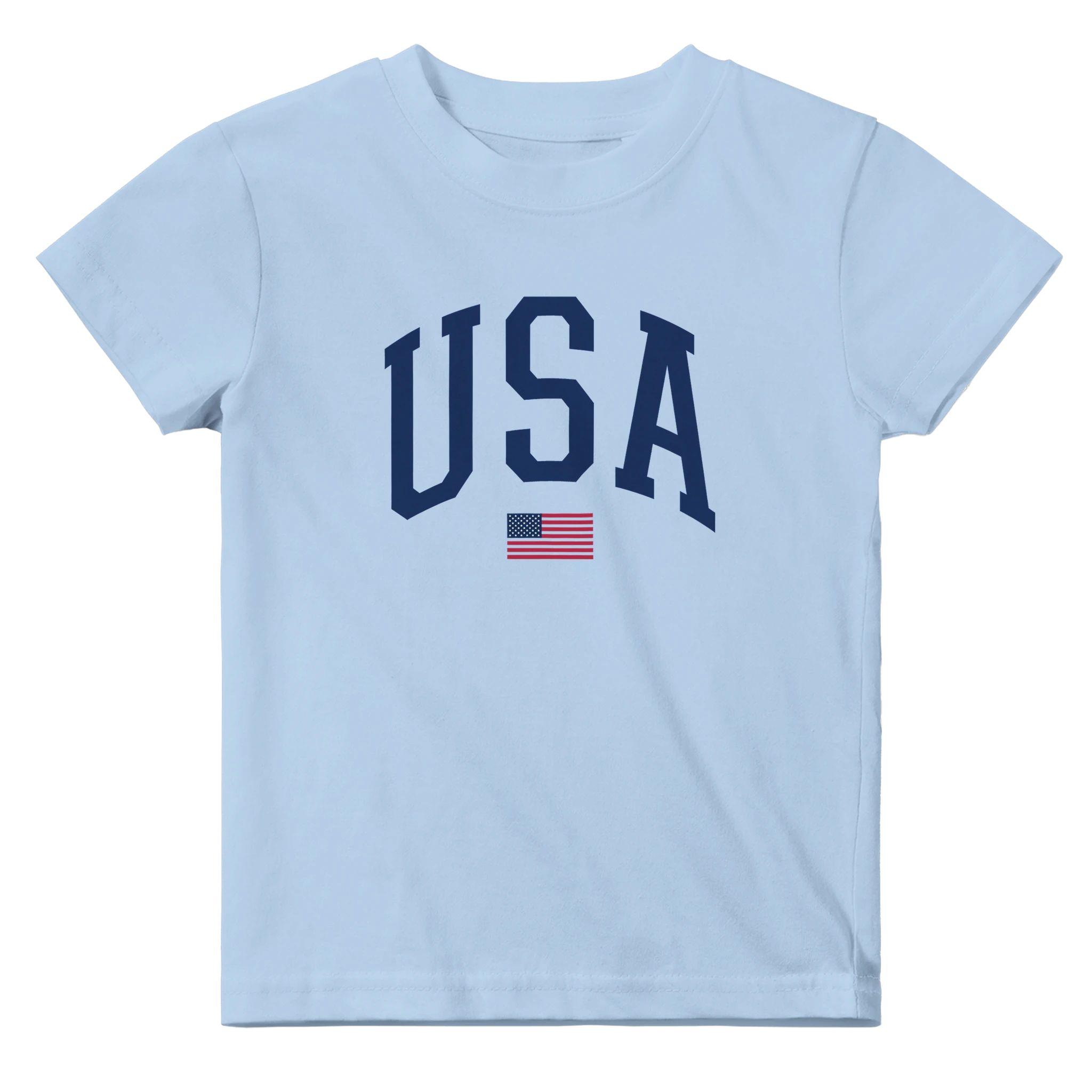 Light blue t-shirt with 'USA' text and American flag on a white background