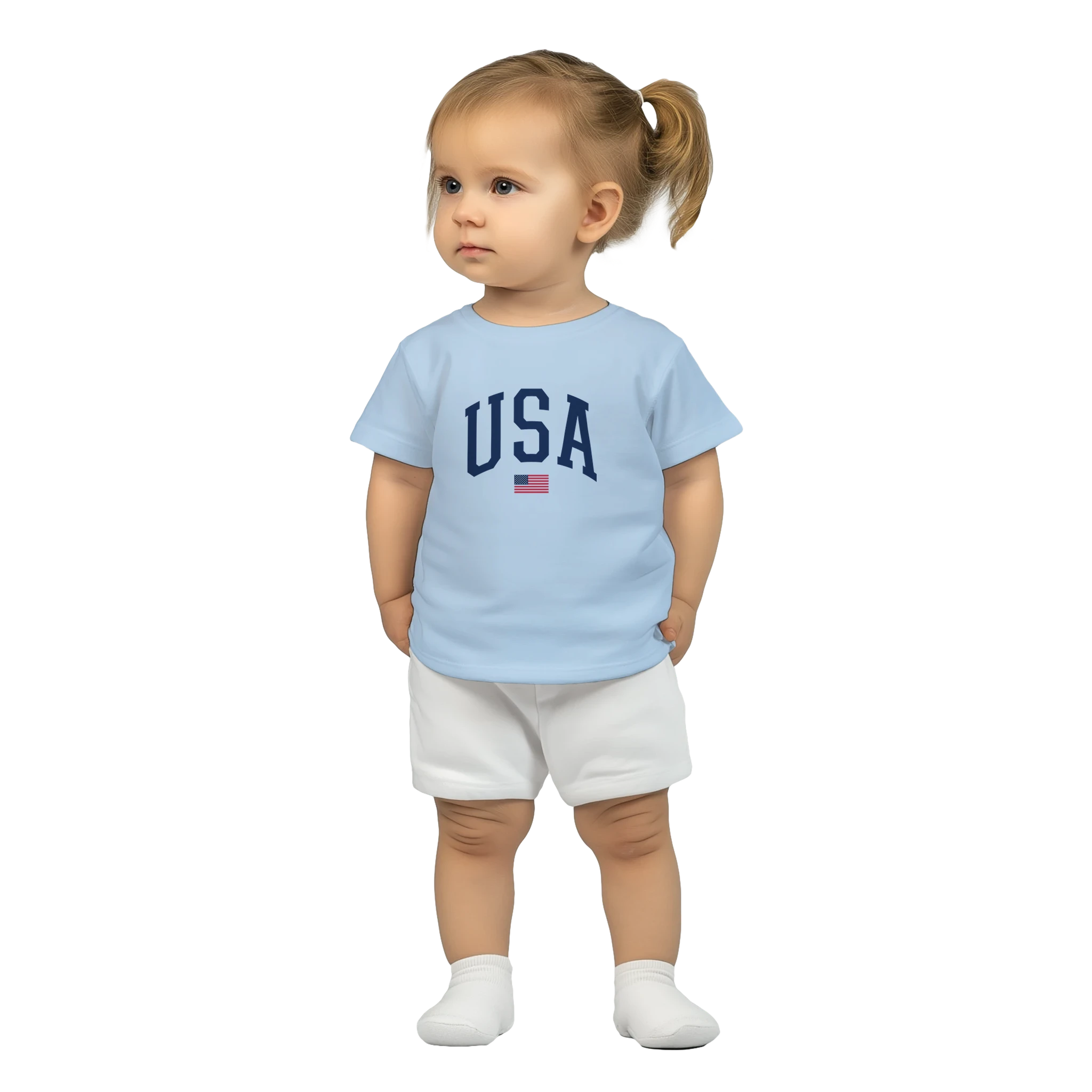 Child wearing a light blue t-shirt with 'USA' text and white shorts on a white background
