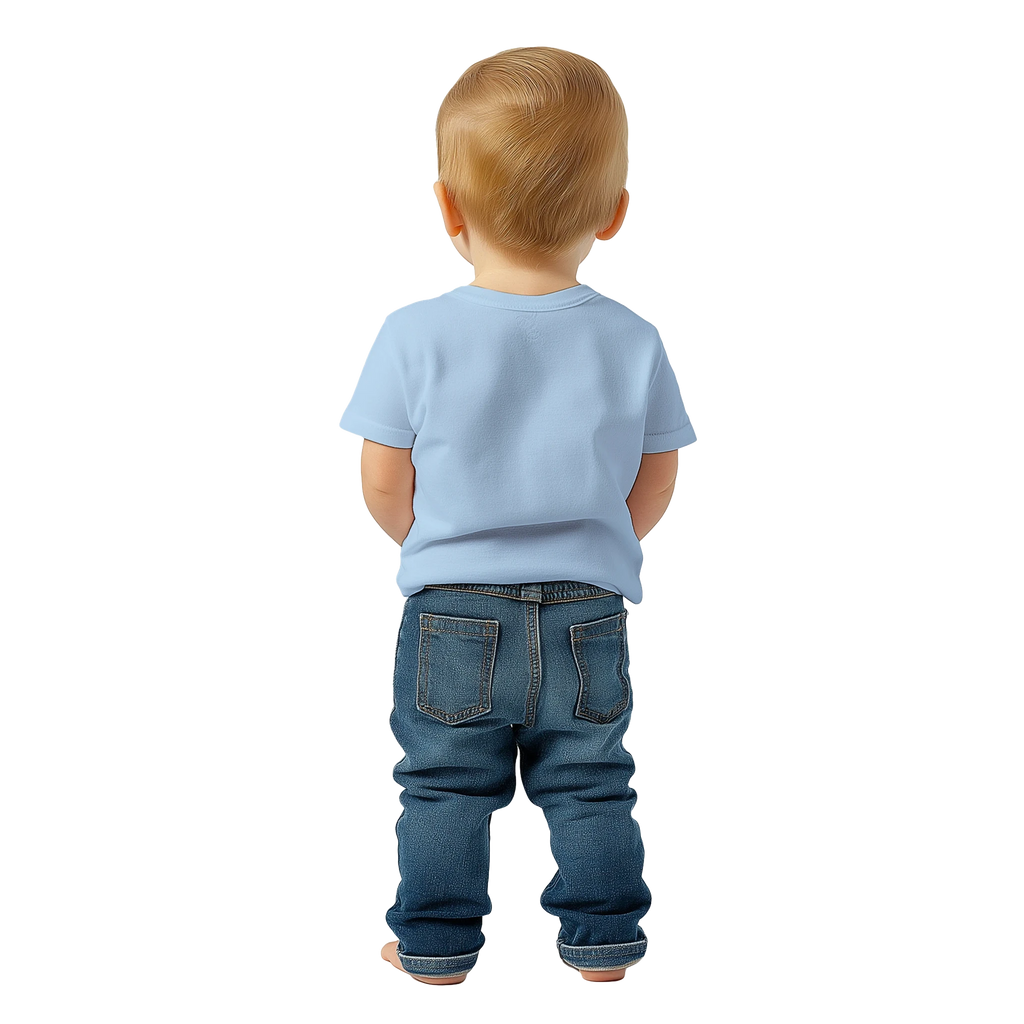 Child wearing a light blue shirt and dark blue jeans on a white background