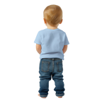 Child wearing a light blue shirt and dark blue jeans on a white background