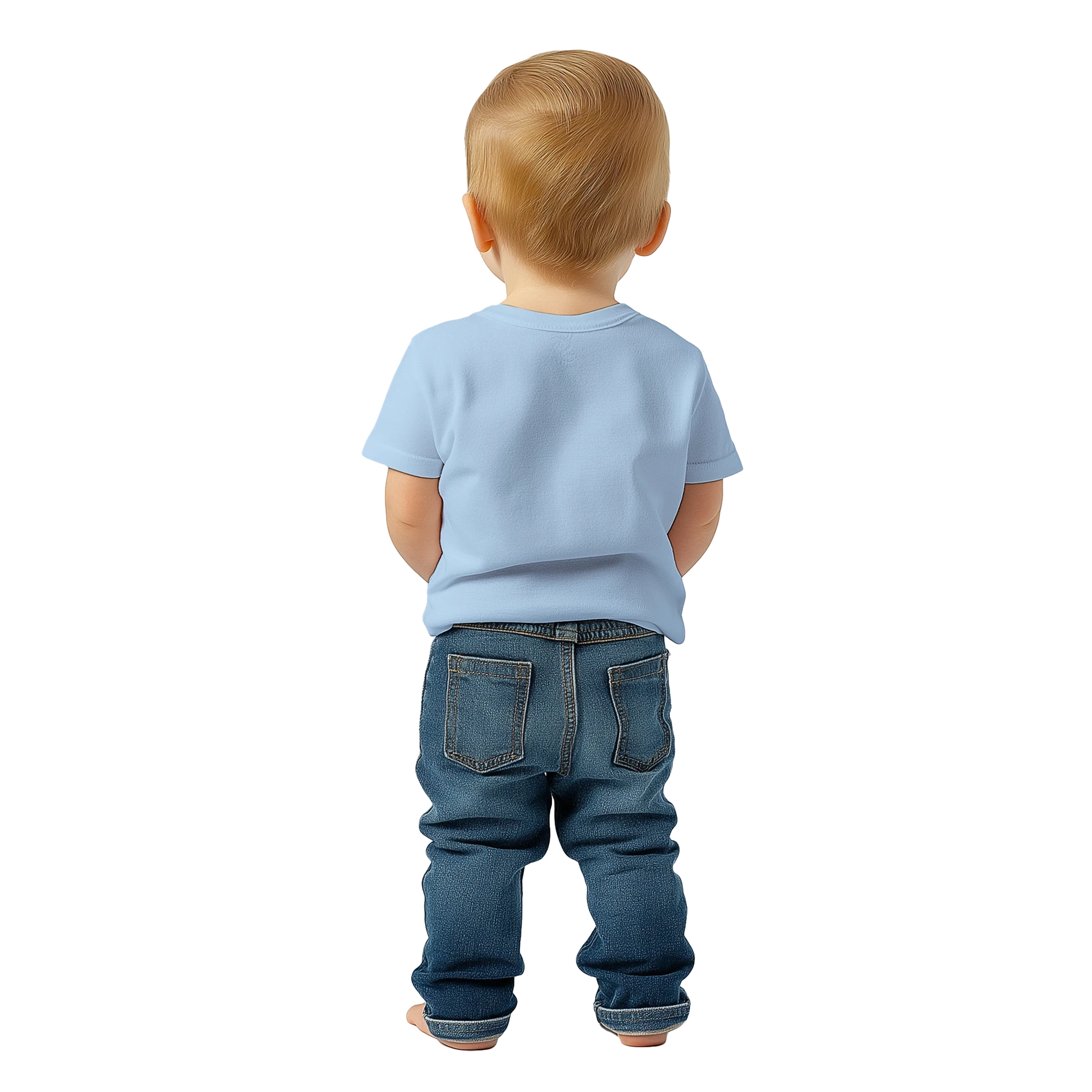 Child wearing a light blue shirt and dark blue jeans on a white background