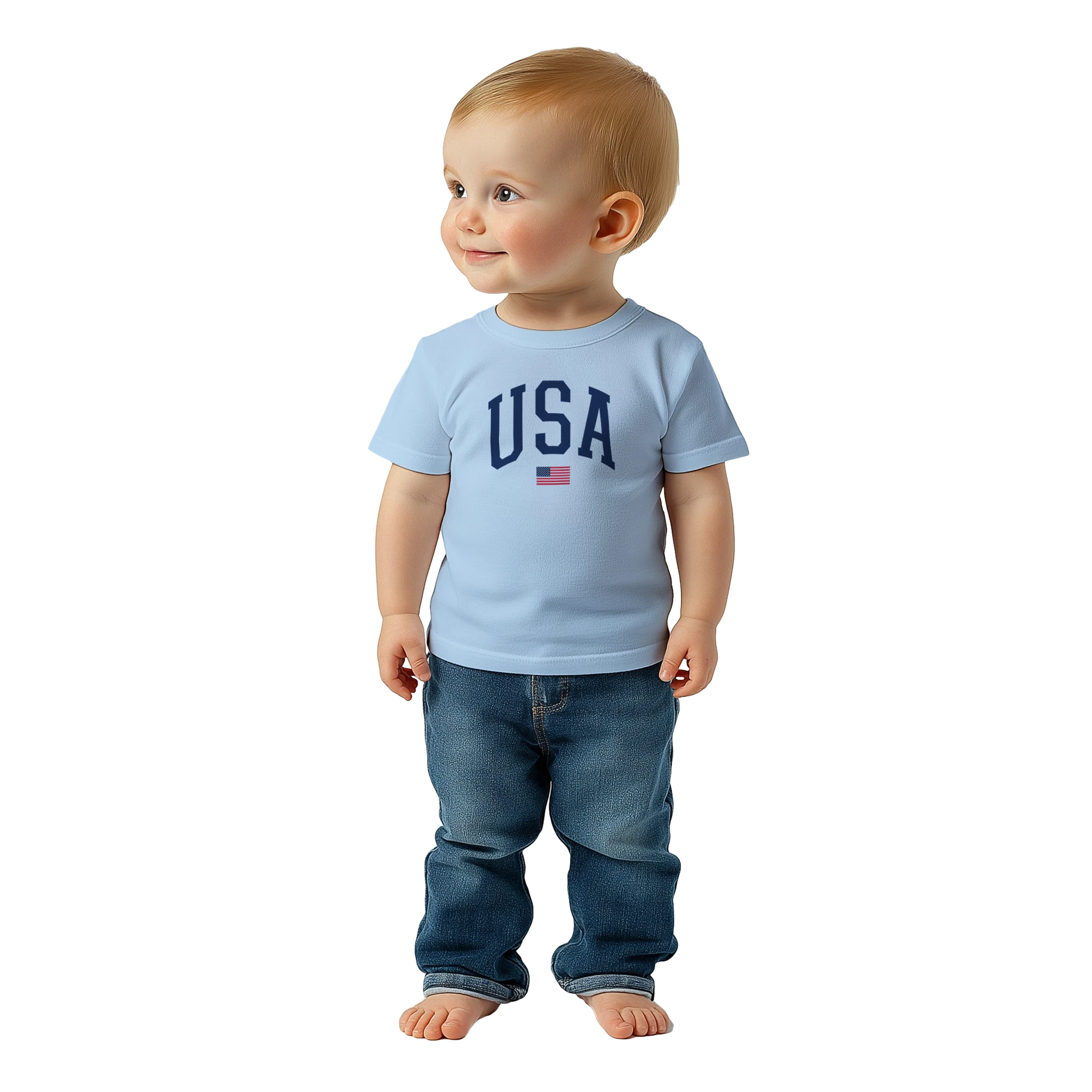 Child wearing a light blue 'USA' t-shirt and jeans on a white background