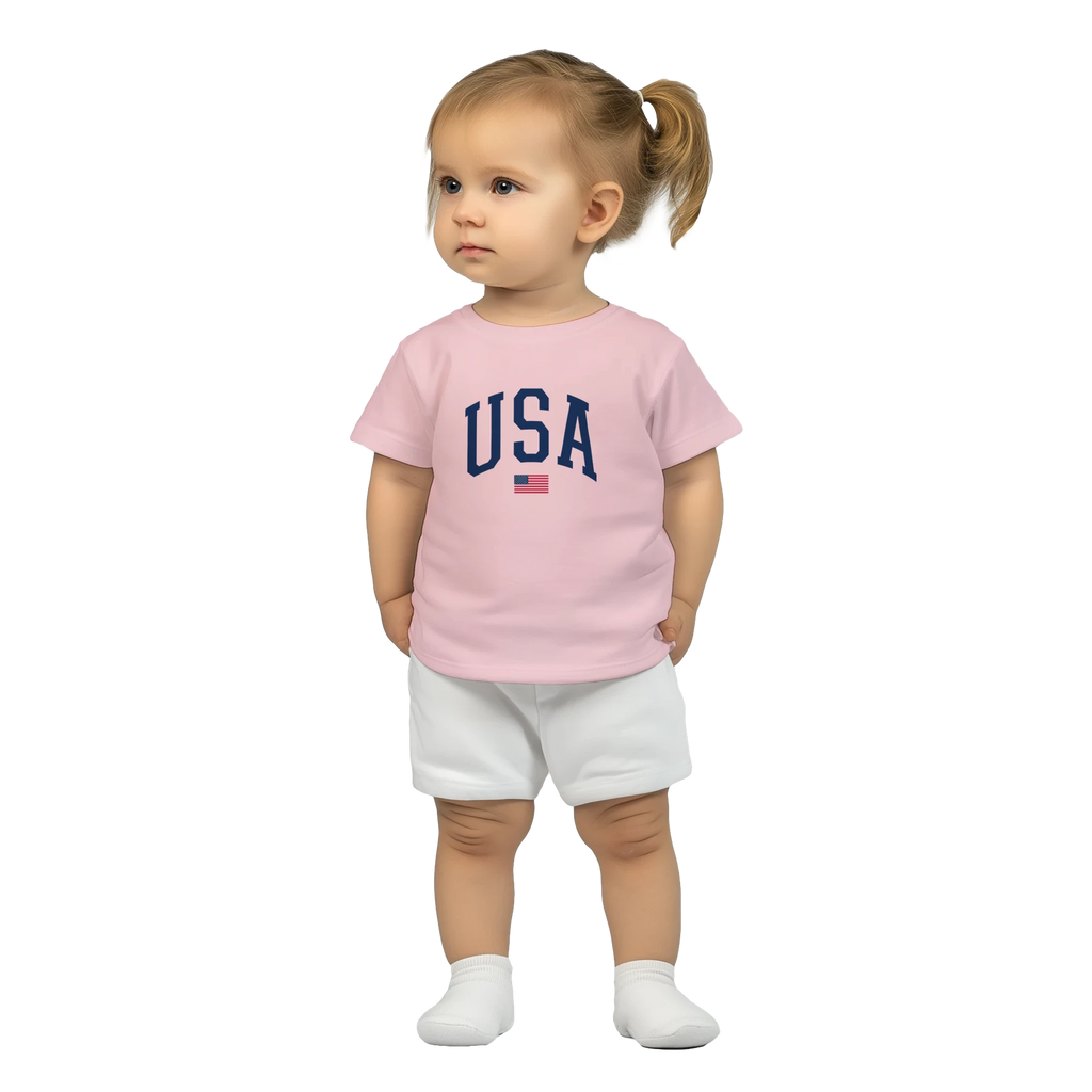 Child wearing a pink t-shirt with 'USA' and white shorts on a white background
