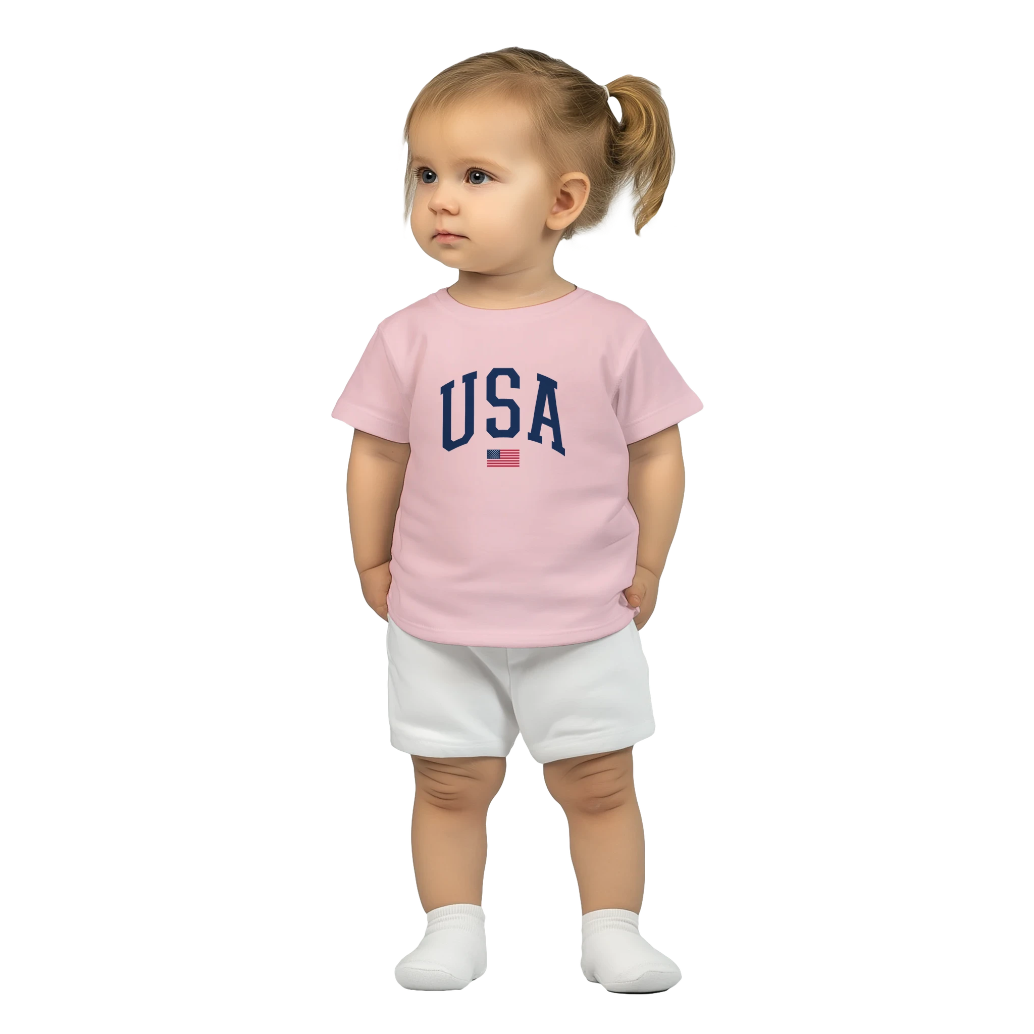Child wearing a pink t-shirt with 'USA' and white shorts on a white background