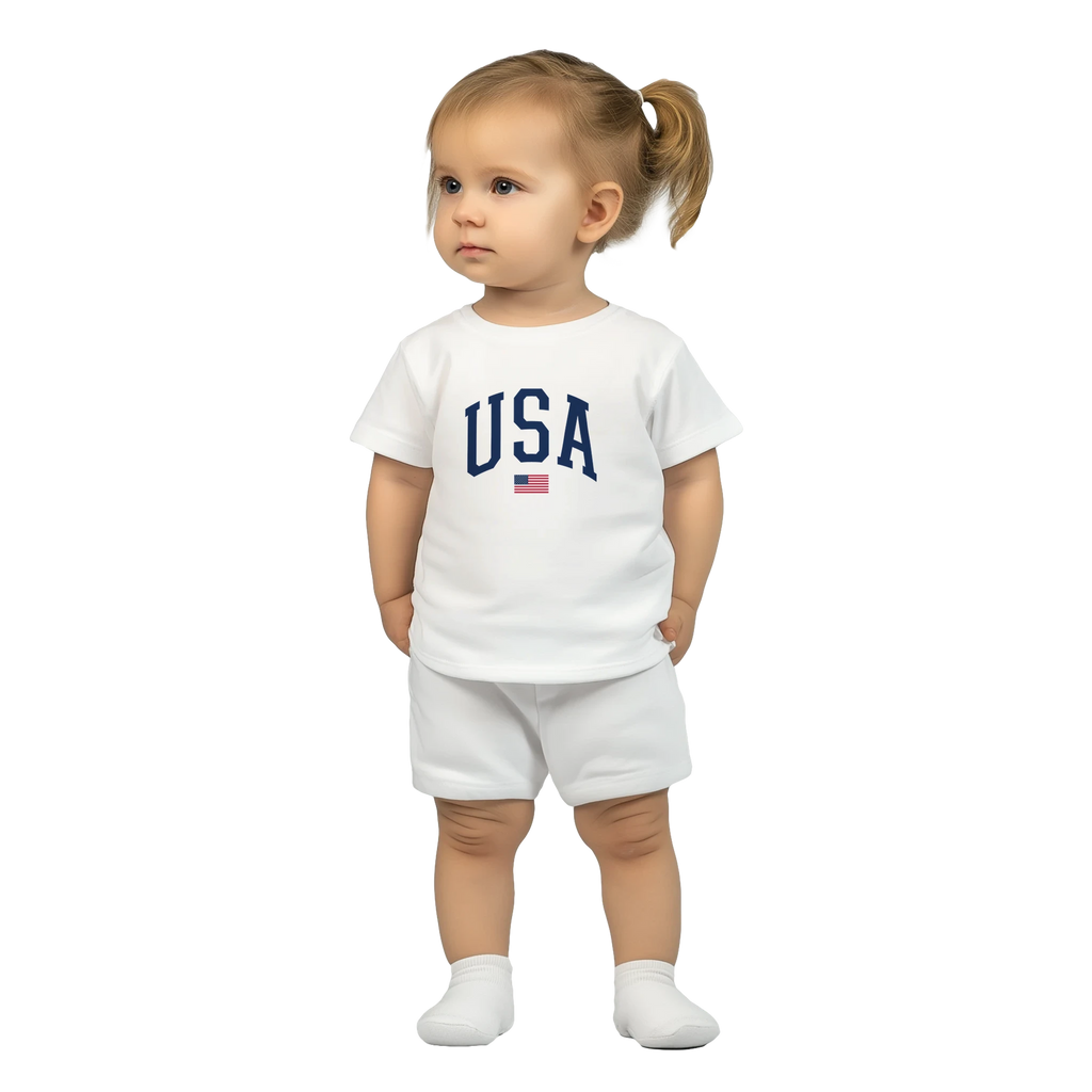 Child wearing a white t-shirt with 'USA' text and shorts on a white background