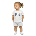 Child wearing a white t-shirt with 'USA' text and shorts on a white background
