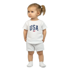 Child wearing a white t-shirt with 'USA' text and shorts on a white background