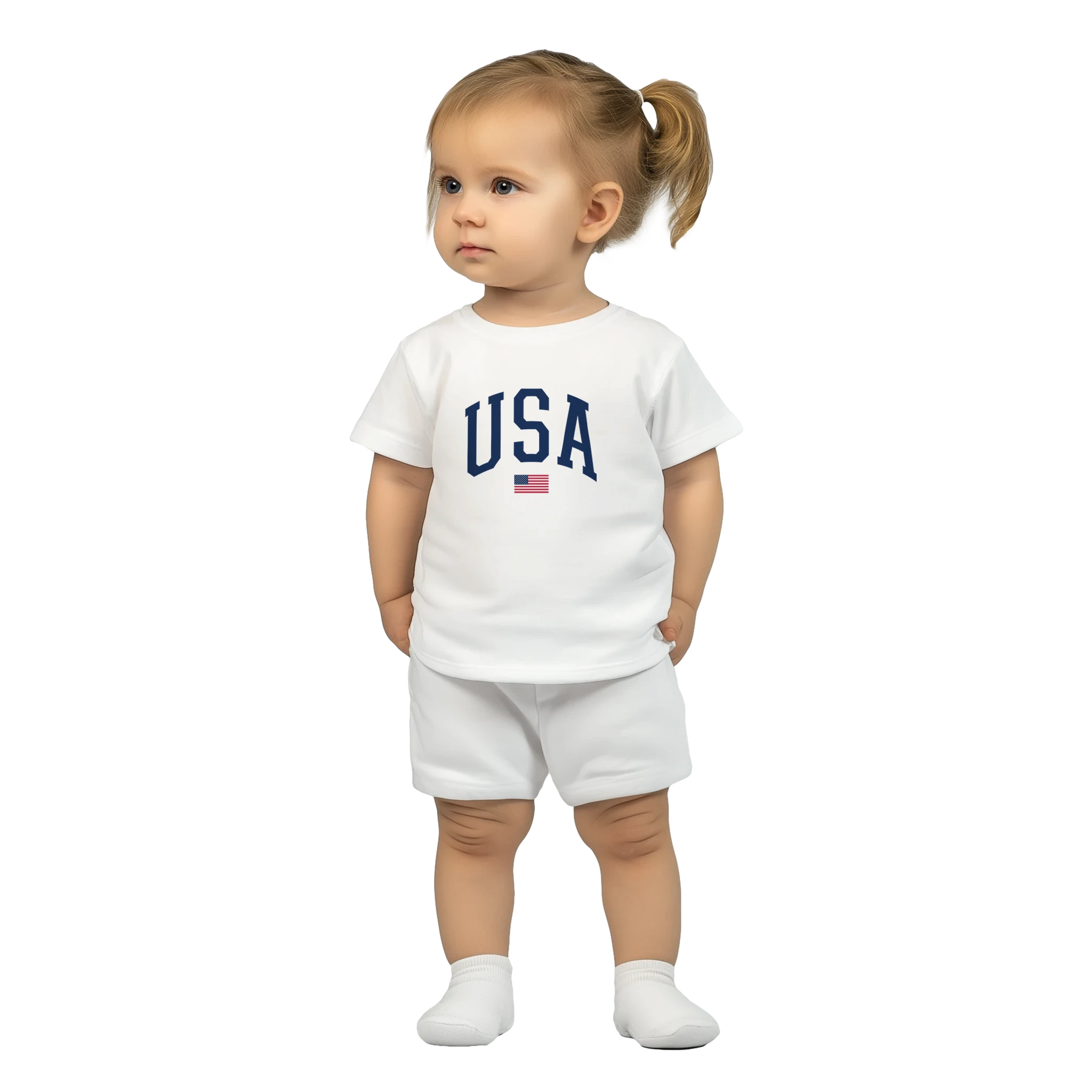 Child wearing a white t-shirt with 'USA' text and shorts on a white background