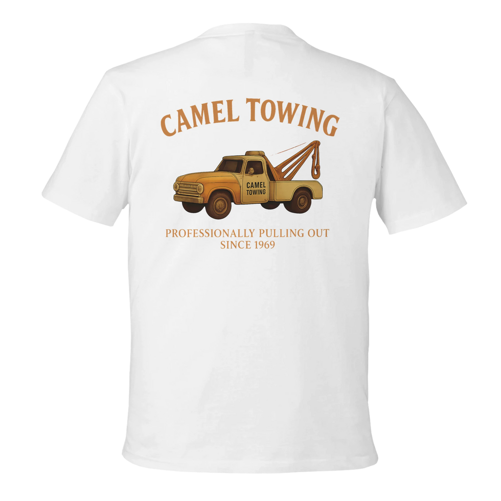 White t-shirt with a graphic of a tow truck and text on the back, on a white background.