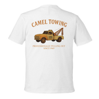 White t-shirt with a graphic of a tow truck and text on the back, on a white background.