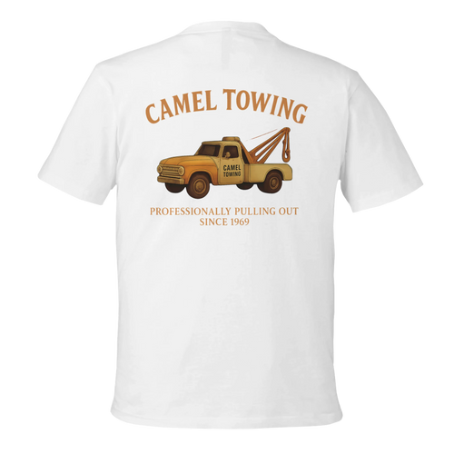 White t-shirt with a graphic of a tow truck and text on the back, on a white background.