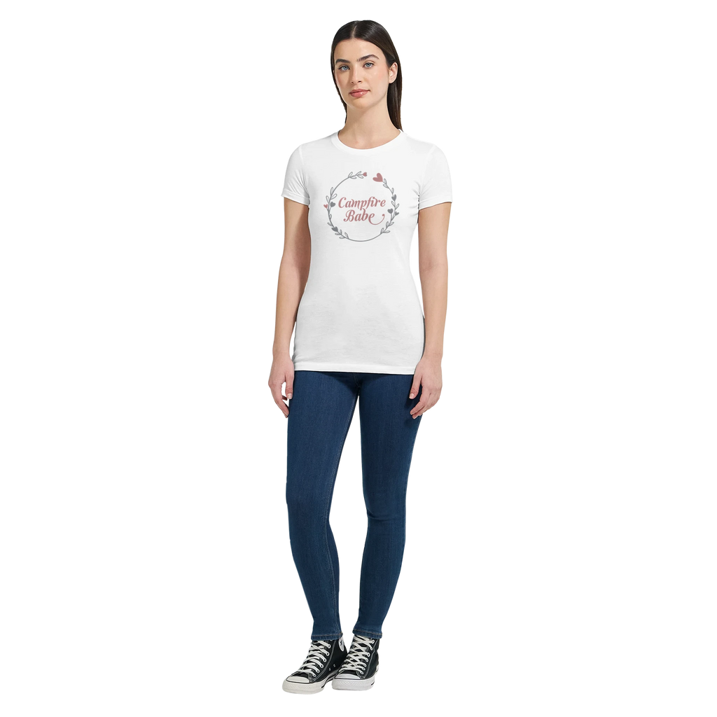 Woman wearing a white t-shirt with a Campfire Babe graphic design on a white background