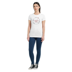 Woman wearing a white t-shirt with a Campfire Babe graphic design on a white background