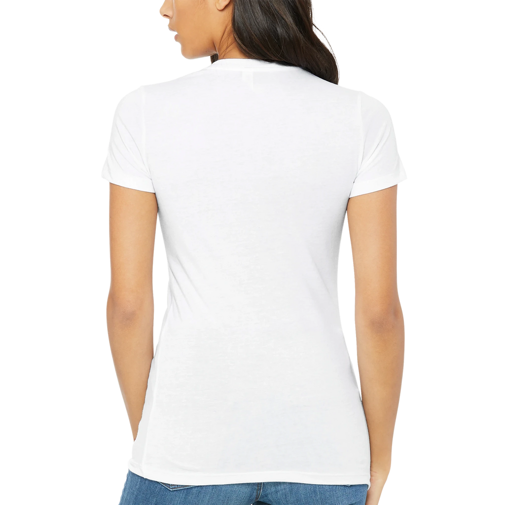 Woman wearing a white Camp Fire Babe t-shirt on a white background