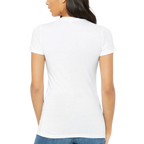 Woman wearing a white Camp Fire Babe t-shirt on a white background
