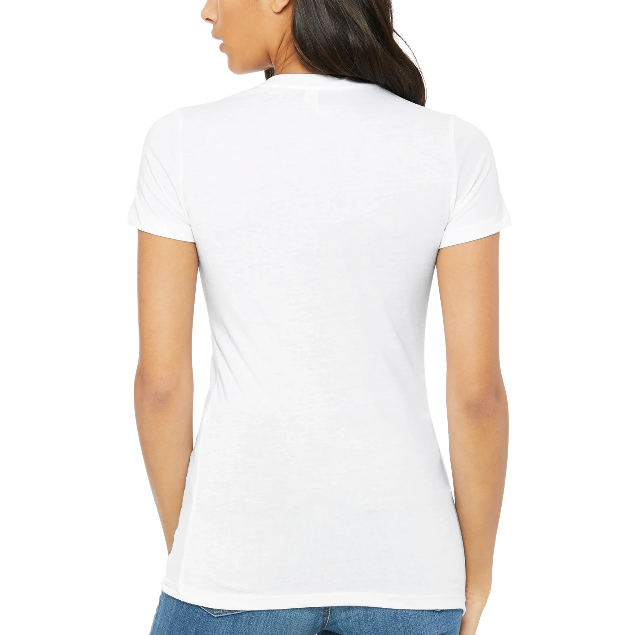 Woman wearing a white Camp Fire Babe t-shirt on a white background