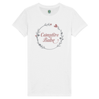 White T-Shirt Lay flat with a Campfire Babe graphic design on a white background