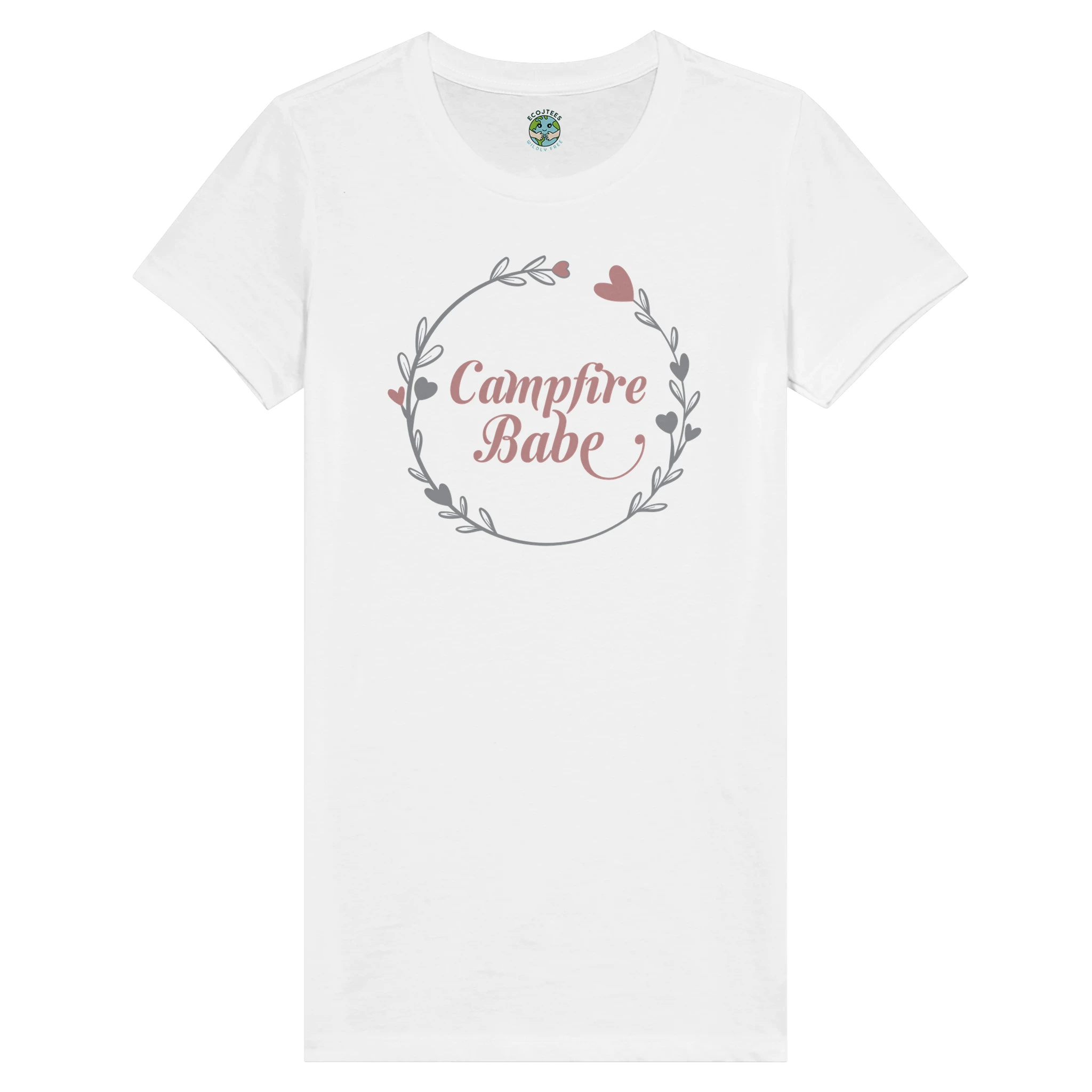 White T-Shirt Lay flat with a Campfire Babe graphic design on a white background