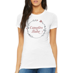 White t-shirt with 'Campfire Babe' design worn by a Woman on a white background