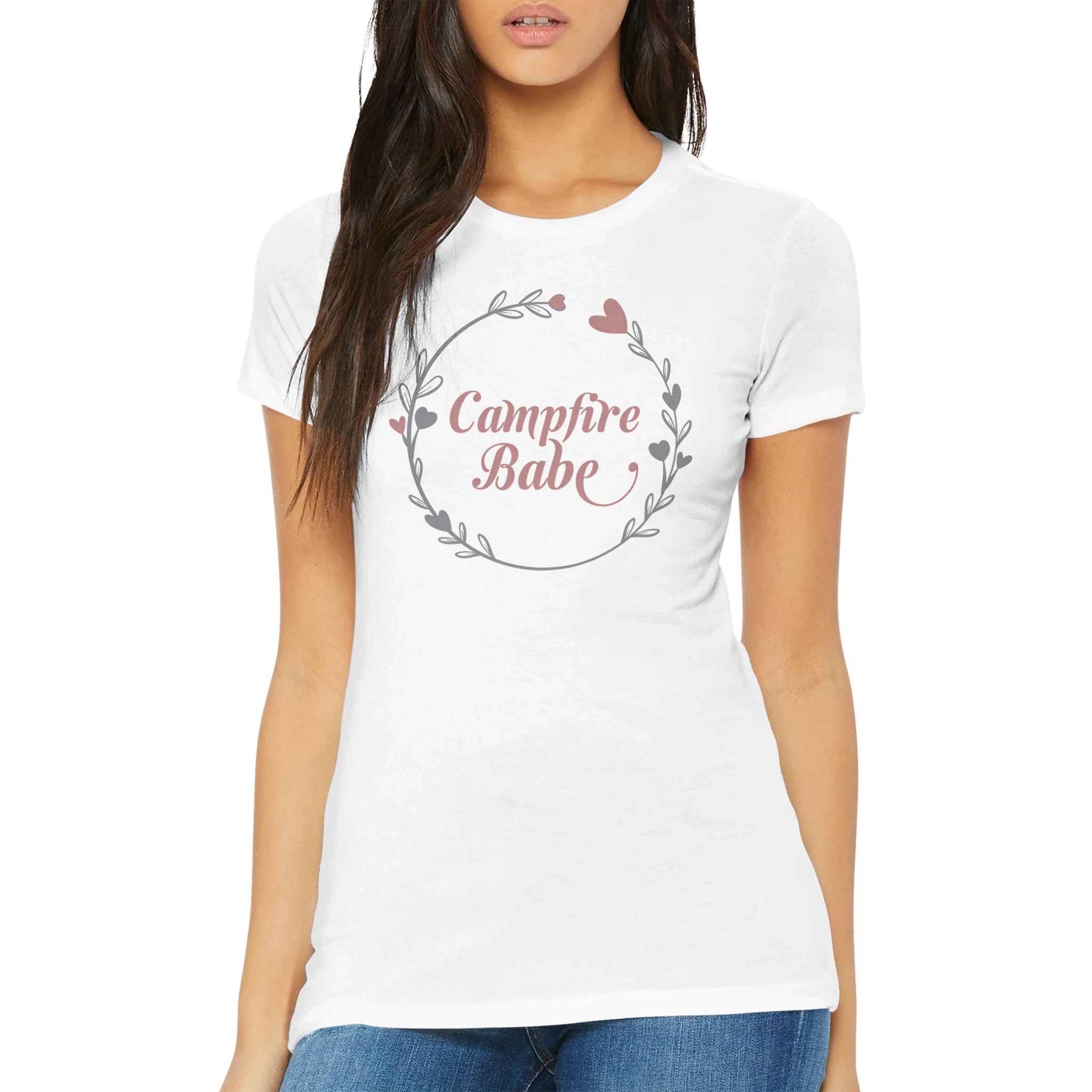 White t-shirt with 'Campfire Babe' design worn by a Woman on a white background