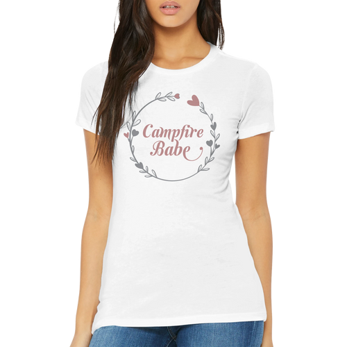White t-shirt with 'Campfire Babe' design worn by a Woman on a white background