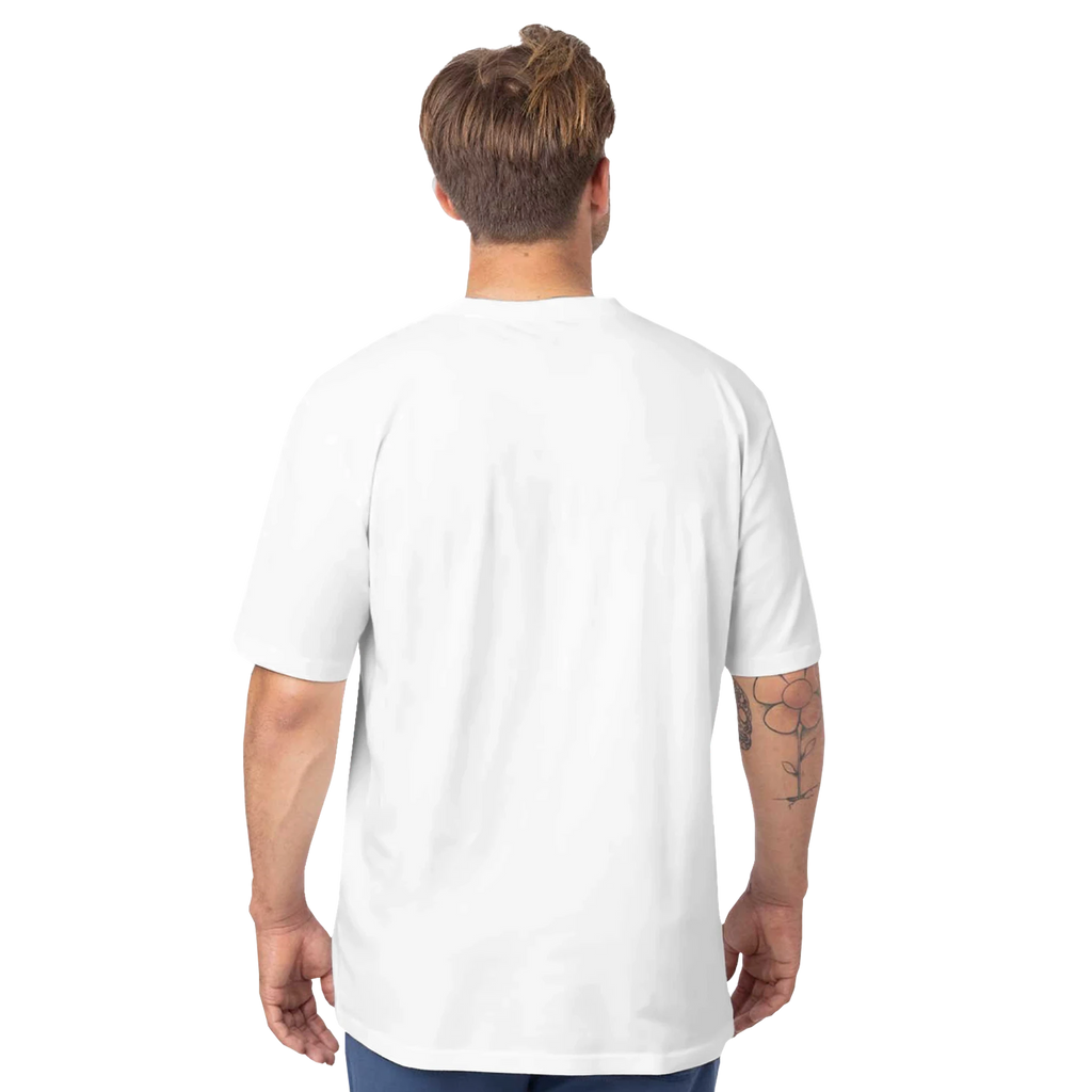 Man wearing a white t-shirt on a white background