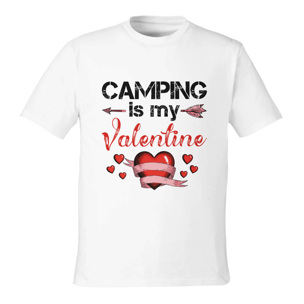 White t-shirt with 'Camping is my Valentine' text and heart design on a white background