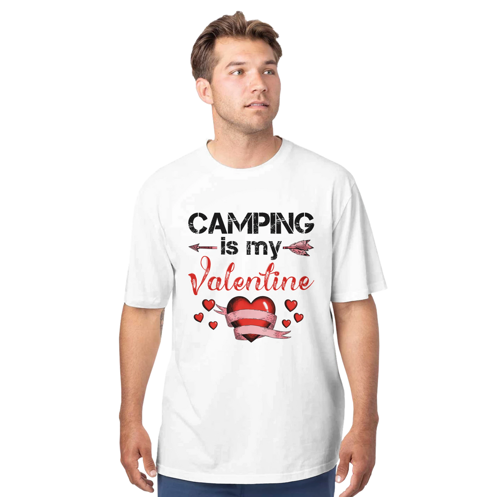 Man wearing a white t-shirt with 'Camping is my Valentine' text and graphics on a white background