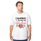 Man wearing a white t-shirt with 'Camping is my Valentine' text and graphics on a white background