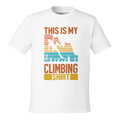 White eco-friendly climbing t-shirt laid flat with vintage rock climber graphic made from recycled cotton