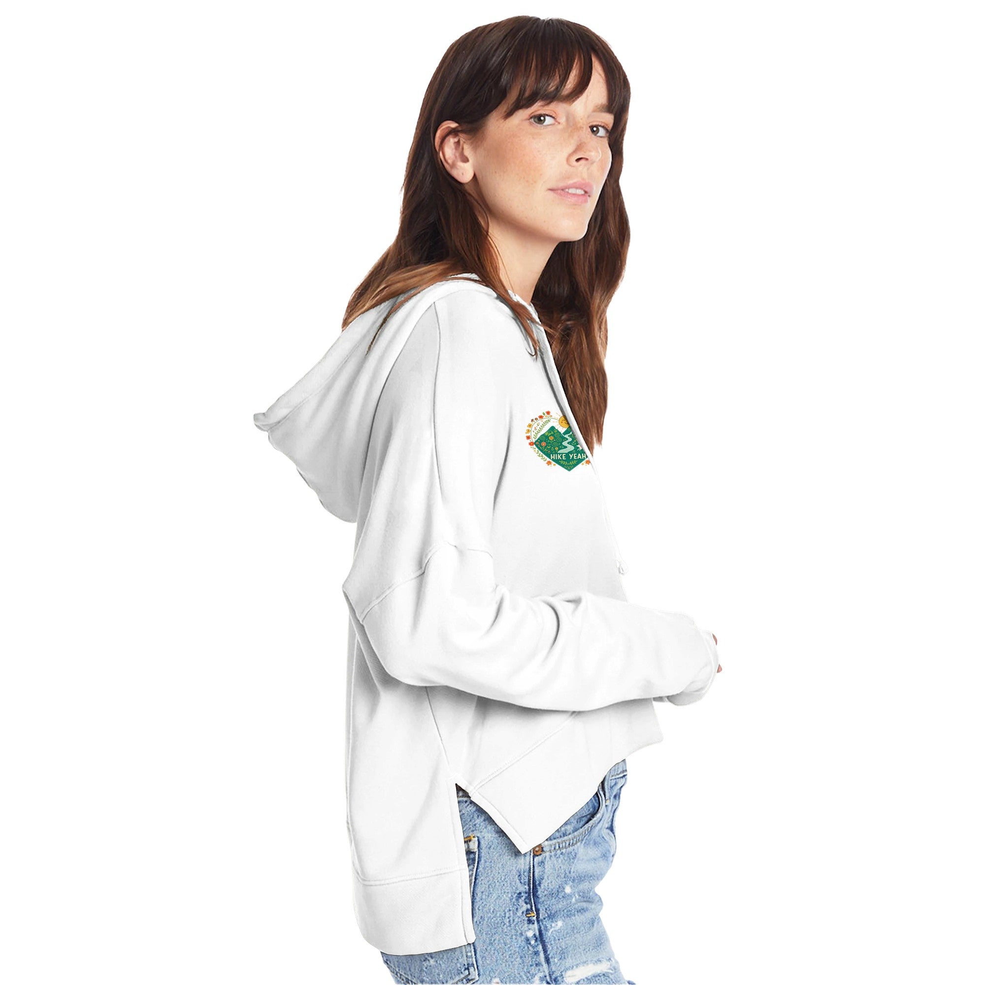 Woman wearing a white hoodie with a logo on a white background