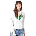 Woman wearing a white hoodie with a graphic design on a white background