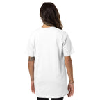 Woman wearing a white t-shirt on a white background