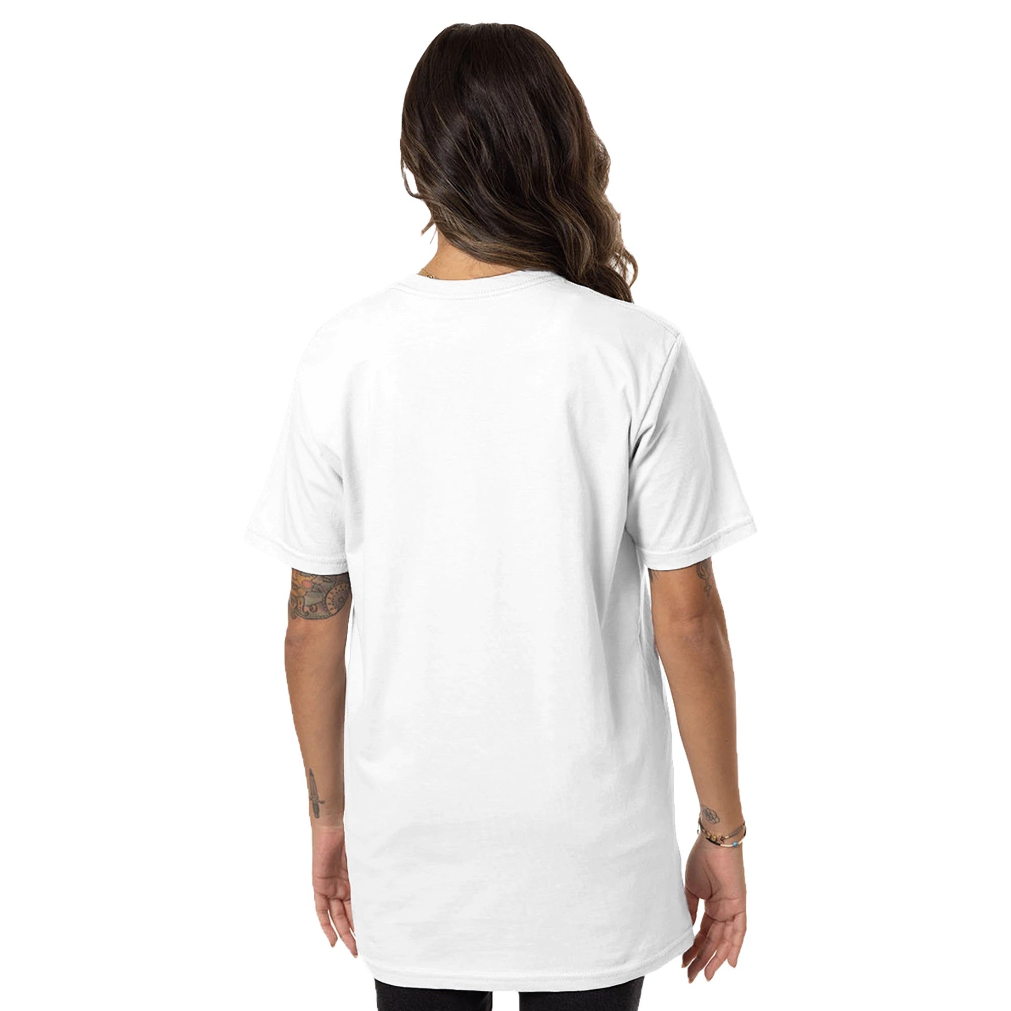 Woman wearing a white t-shirt on a white background