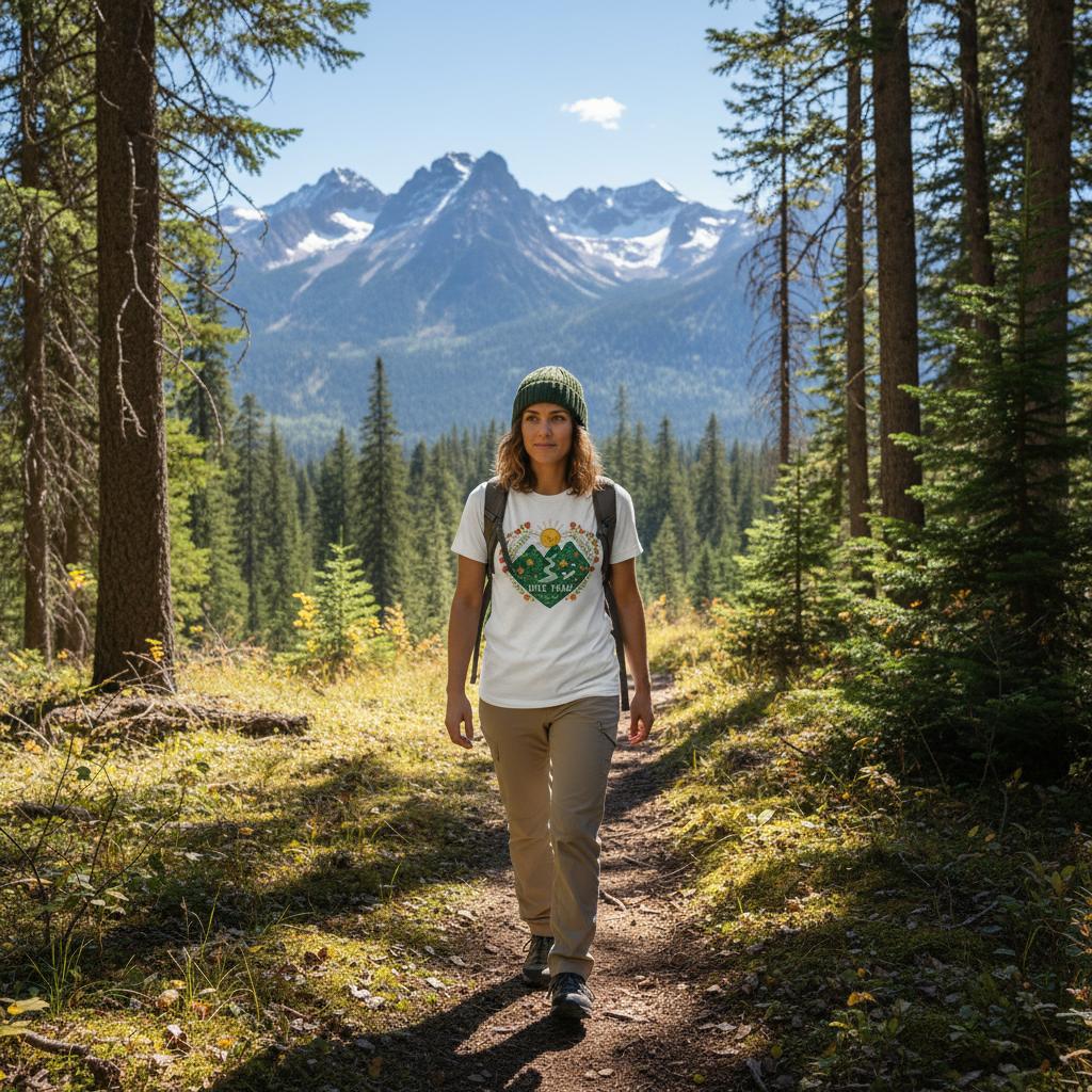 Woman hiking on a trail with mountains in the background