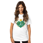 Woman wearing a white t-shirt with a nature-themed graphic and text on a white background