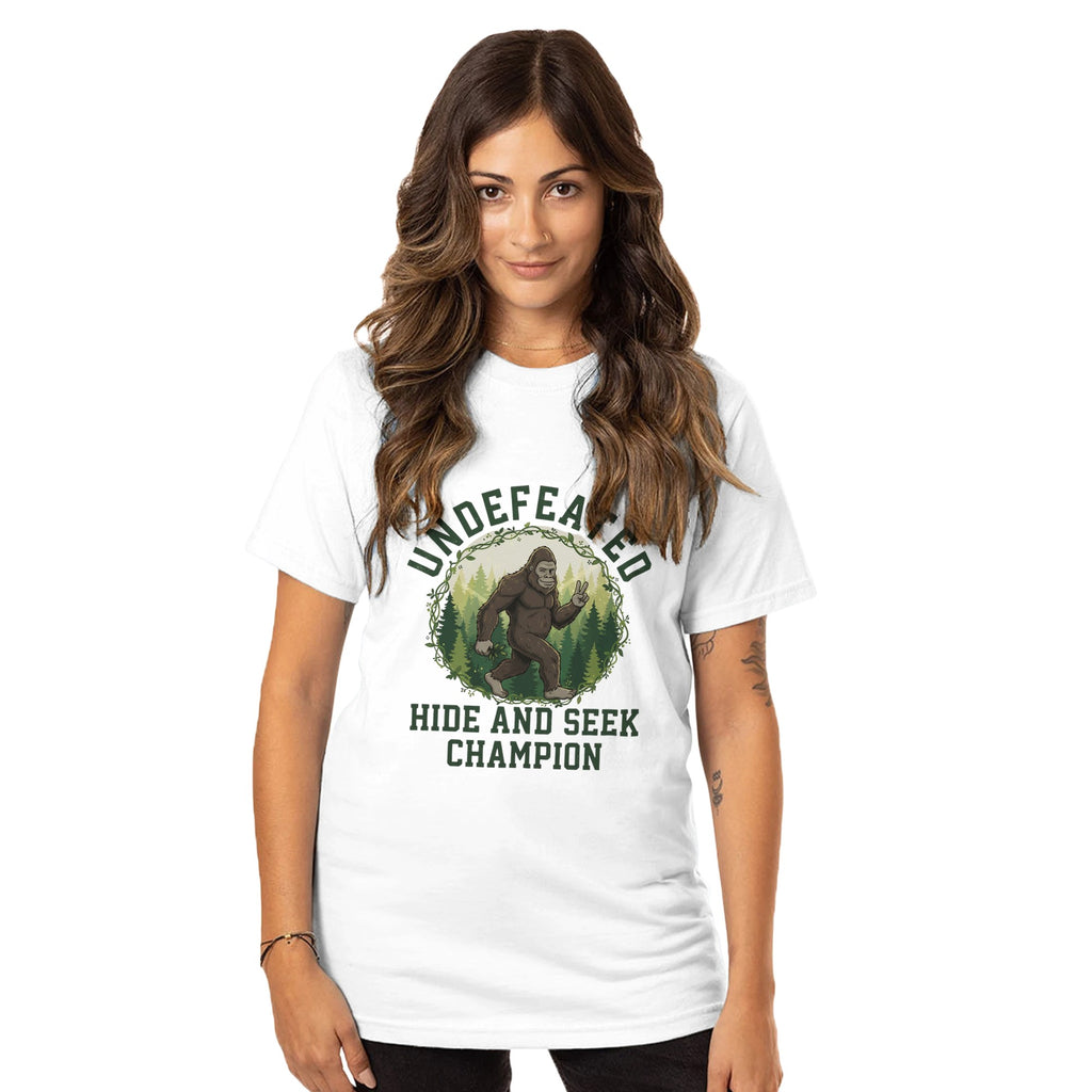 Woman wearing a white t-shirt with a graphic design and text on a white background