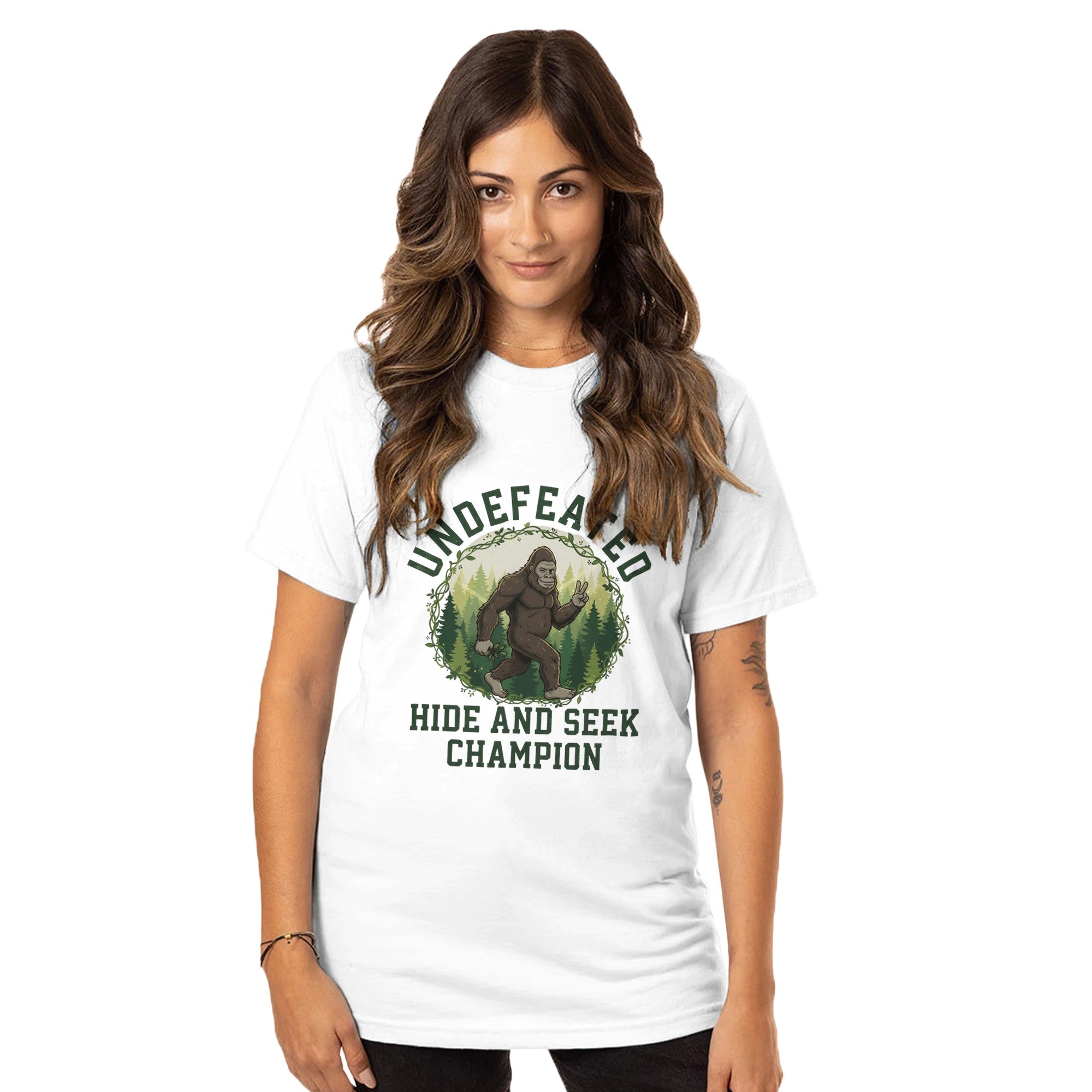 Woman wearing a white t-shirt with a graphic design and text on a white background