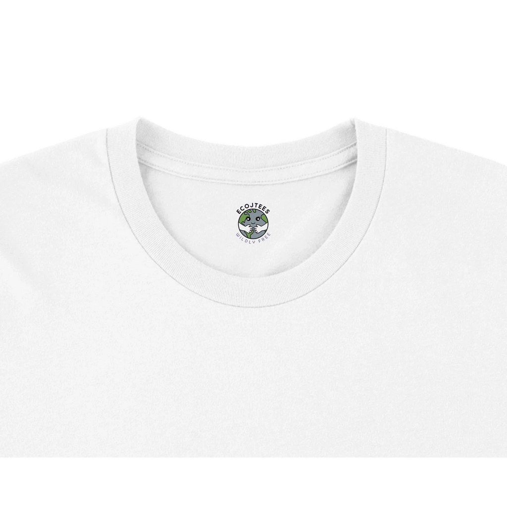Close-up of a white t-shirt with a small EcoJTees logo on the collar against a white background