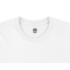 Close-up of a white t-shirt with a small EcoJTees logo on the collar against a white background