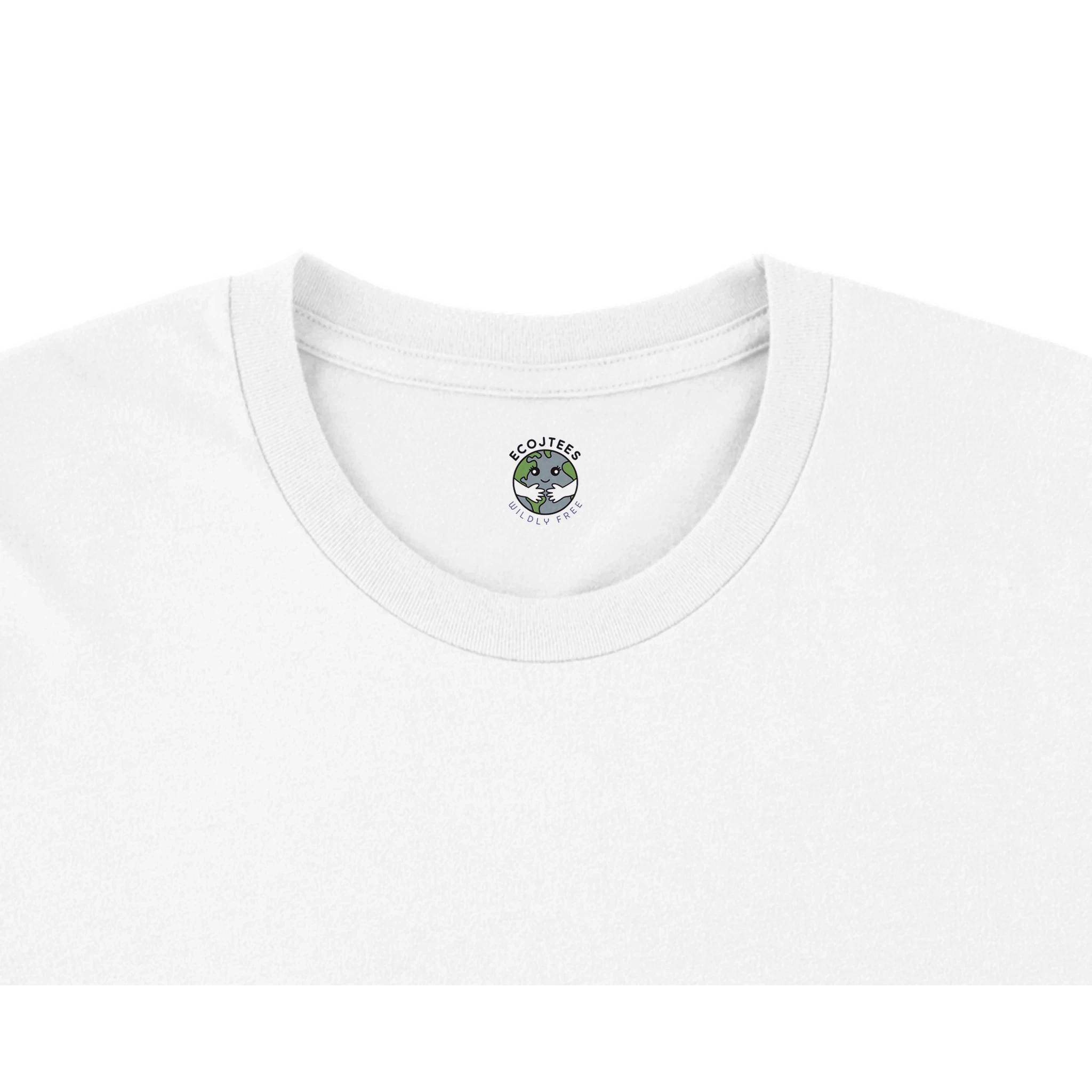 Close-up of a white t-shirt with a small EcoJTees logo on the collar against a white background
