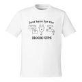 Front view of white eco-friendly t-shirt with RV-themed graphic reading 'Just Here for the HOOK-UPS'