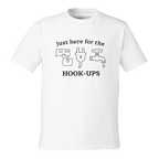 Front view of white eco-friendly t-shirt with RV-themed graphic reading 'Just Here for the HOOK-UPS'