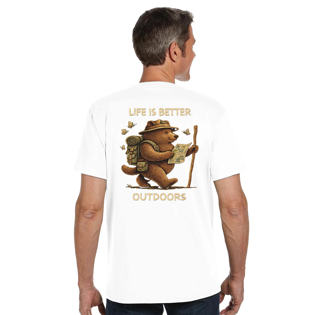 Man wearing a white Life is Better Outdoors t-shirt with a bear graphic and text on the back, on a white background