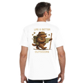 Man wearing a white Life is Better Outdoors t-shirt with a bear graphic and text on the back, on a white background